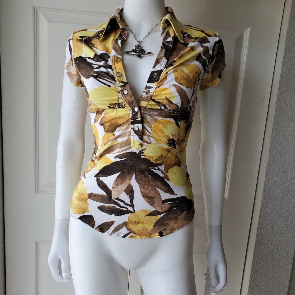 Cache Women's Y2k Yellow Short Sleeve Floral Print Blouse Sz Medium - Picture 8 of 8